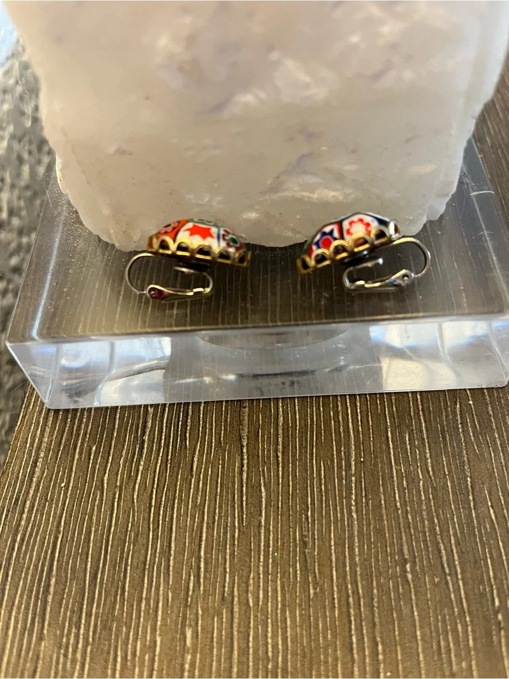 Vintage Multicolor Millefiori Floral Oval Clip-On Earrings